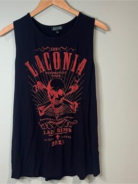 Onia Black Tank Top with Red Motorcycle Skull Graphic